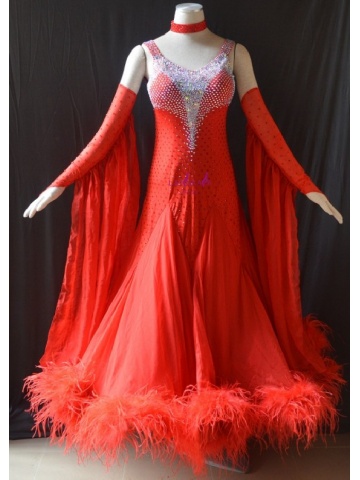 KAKA DANCE B1443,Red Ostrich feather Ballroom Standard Dance Dress,Waltz Dance Competition Dress,Women,Girl,Ballroom